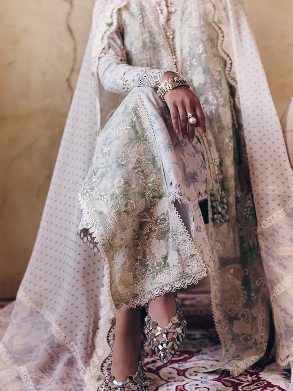 Embroidered Maxi Dress with Scalloped Lace Cape in Light Sage - Picture 3 of 12
